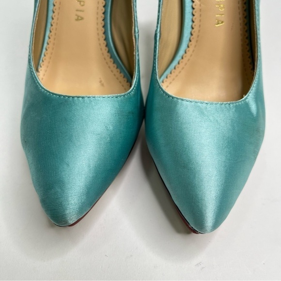 CHARLOTTE OLYMPIA Teal Aquamarine Satin Pointed-Toe Platform Grey Pumps Heels - Picture 3 of 12